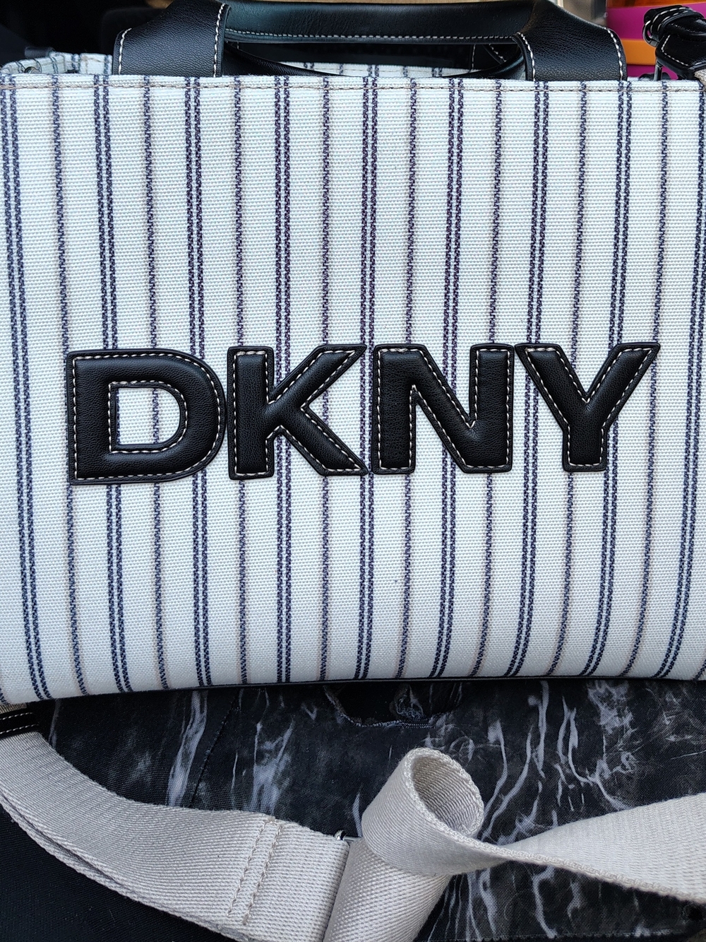 Dkny White Canvas Messenger Bag with Black Logo & Pinstripes